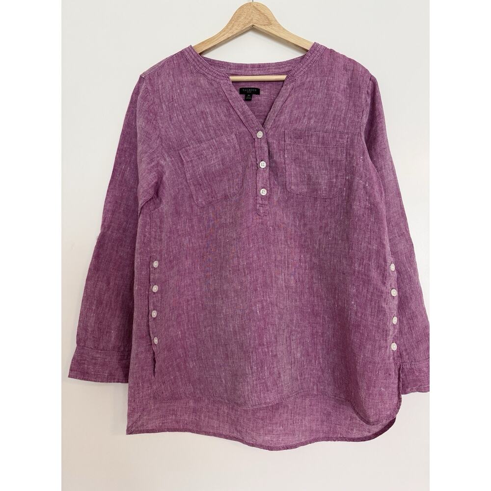 Talbots Women’s Side Button Linen Tunic Shirt Size Petite M Popover Long Sleeve